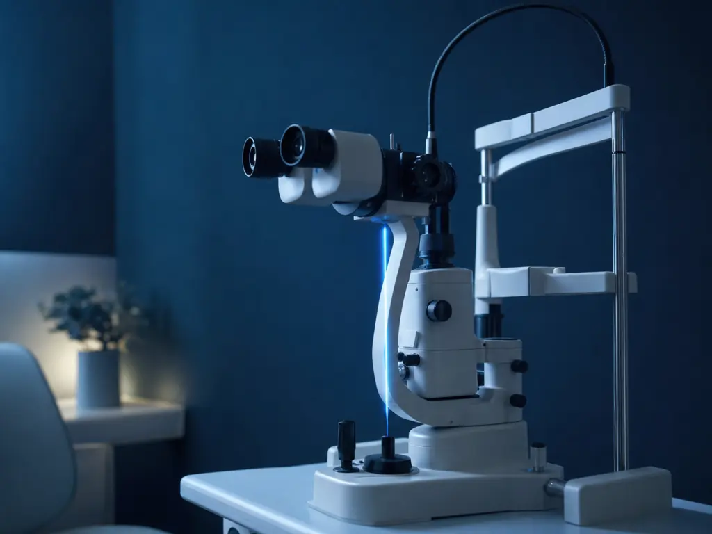 Lâmpada de fenda moderna iluminada suavemente contra fundo azul-marinho escuro