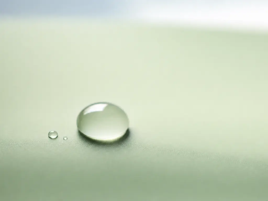 Macro de uma única gota d'água sobre superfície verde-sálvia fosca