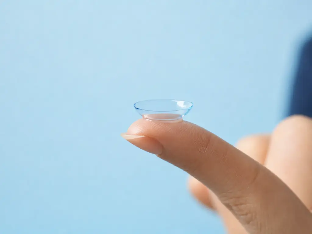 Lente de contato transparente equilibrada na ponta do dedo contra fundo azul-claro