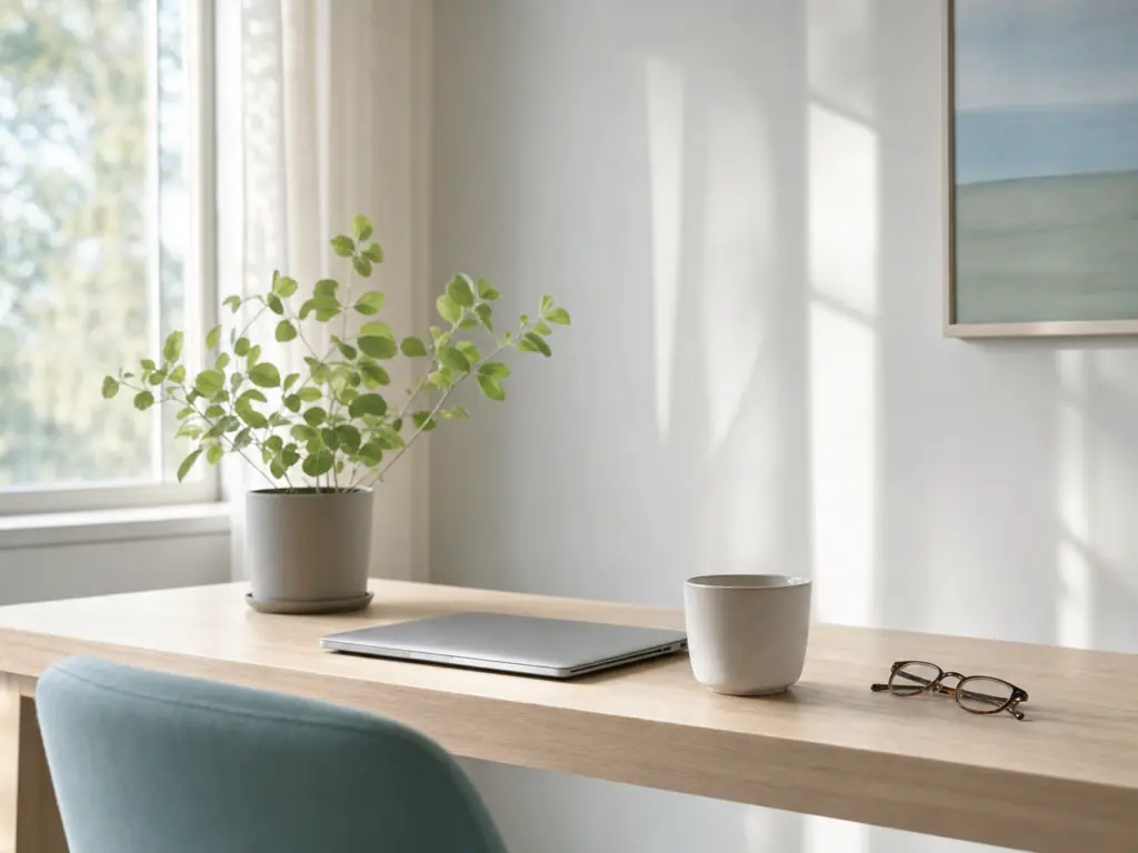 Mesa de trabalho minimalista junto à janela, com notebook, planta, xícara e óculos em luz natural difusa